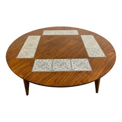 Mid-Century Modern Round Walnut Tile Top Coffee Table