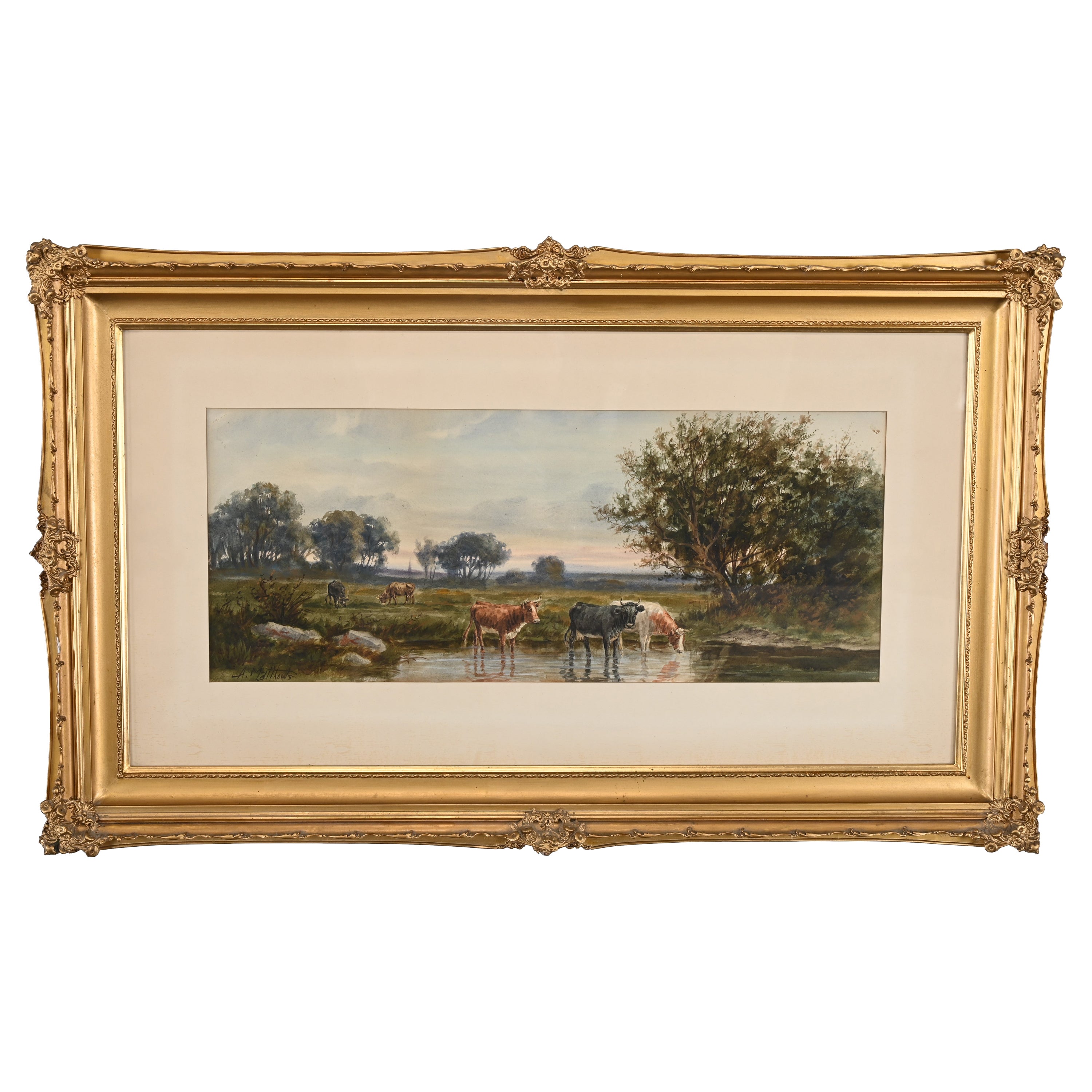 Watercolor Painting of a Landscape with Cattle Watering by A. Matthews For Sale