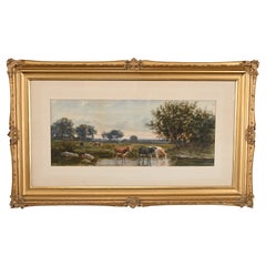 Watercolor Painting of a Landscape with Cattle Watering, 19th Century