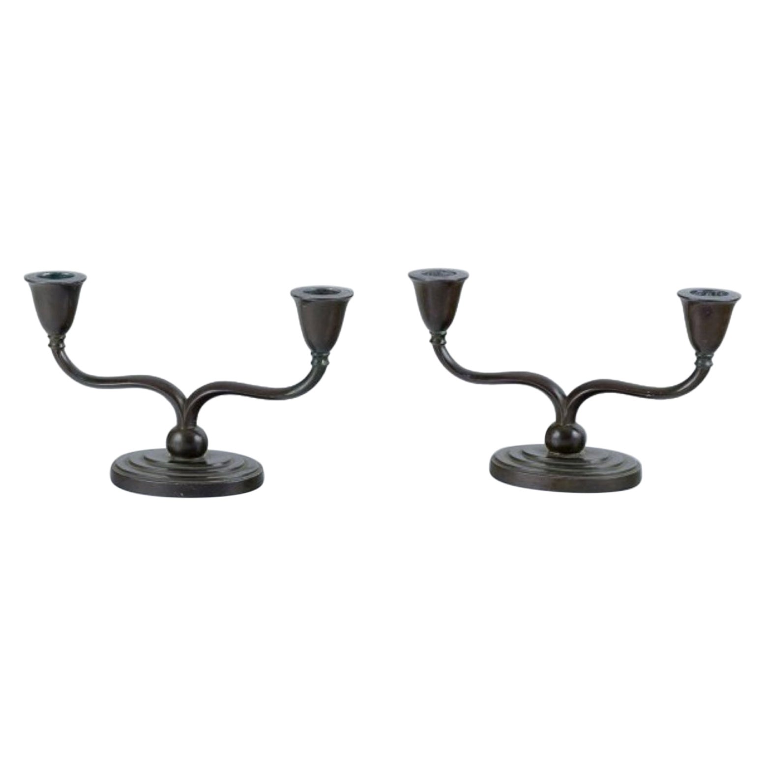 Just Andersen, two-armed Art Deco style candlesticks in "disko" metal. For Sale