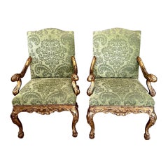 Pair French XV Giltwood Carved Dinning Chairs