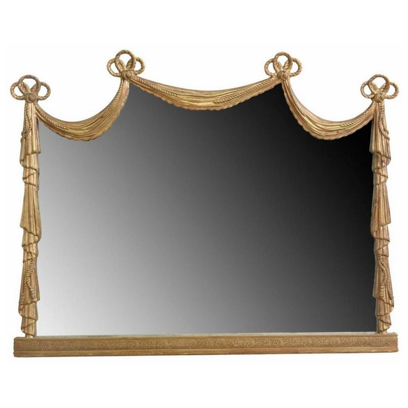 Miroir mural ancien néoclassique en bois doré avec cadre en forme de rideau drapé  en vente