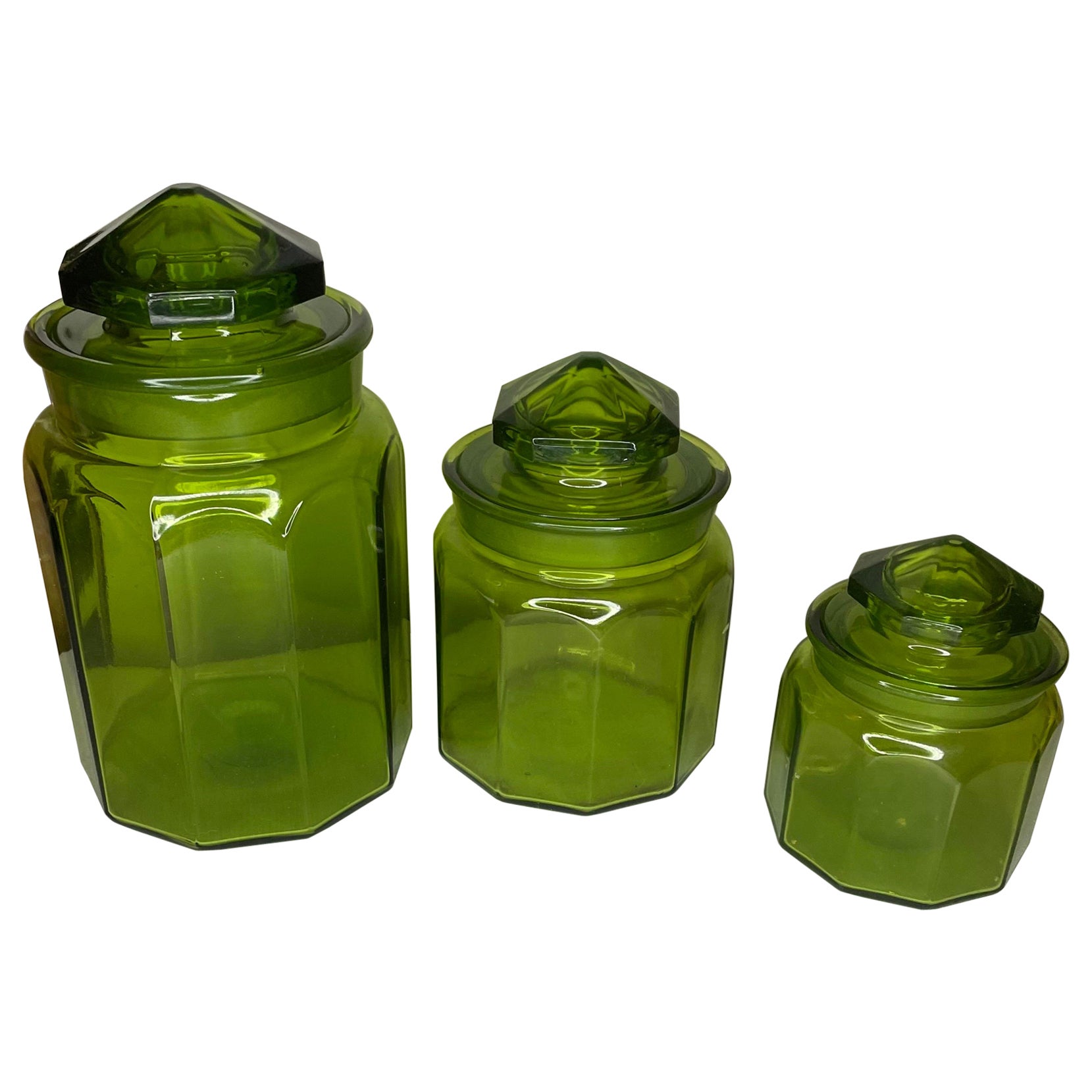 Pots d'apothicaire en verre vert ancien - Lot de trois en vente