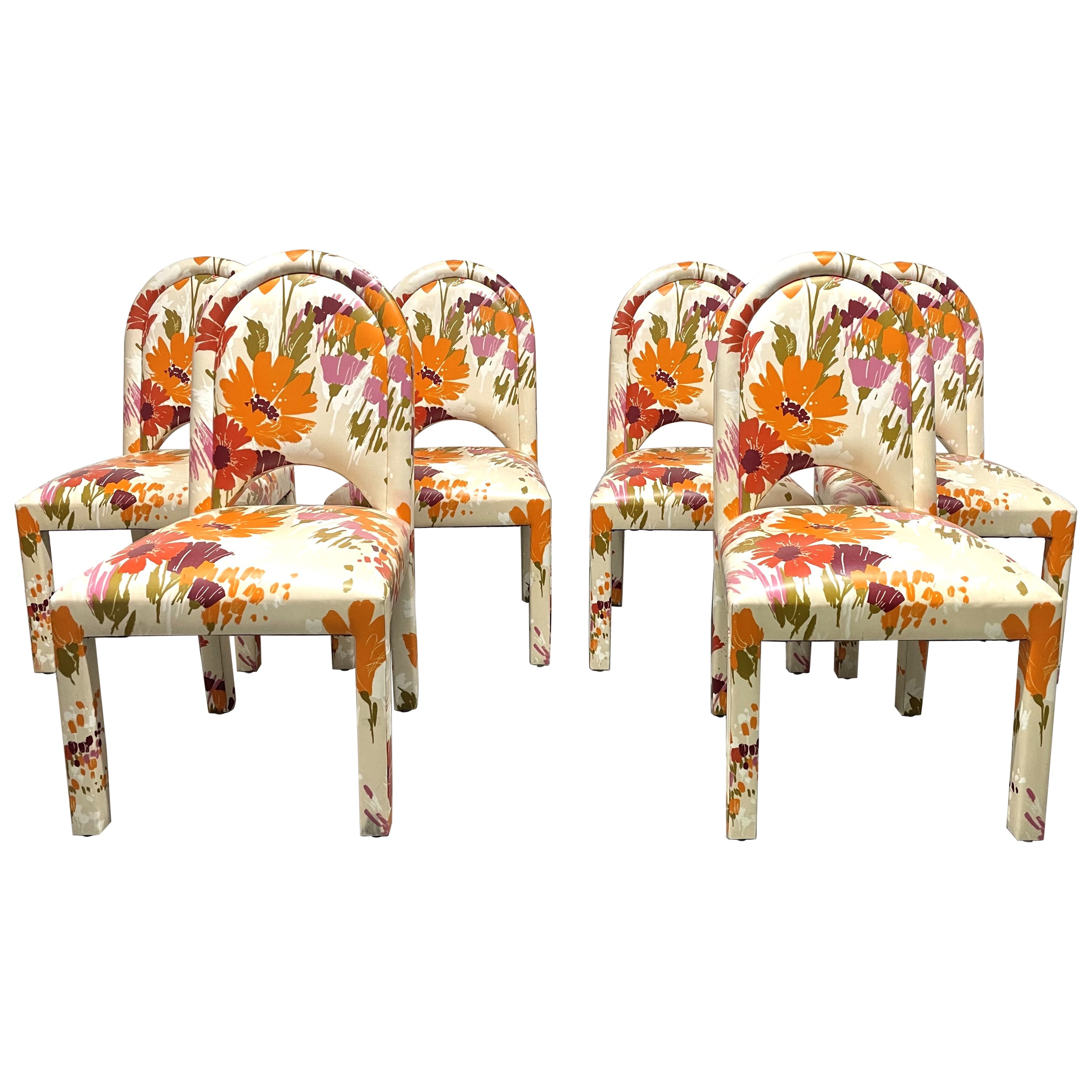 Mid Century Modern Floral Dining Chairs Set of 6 For Sale