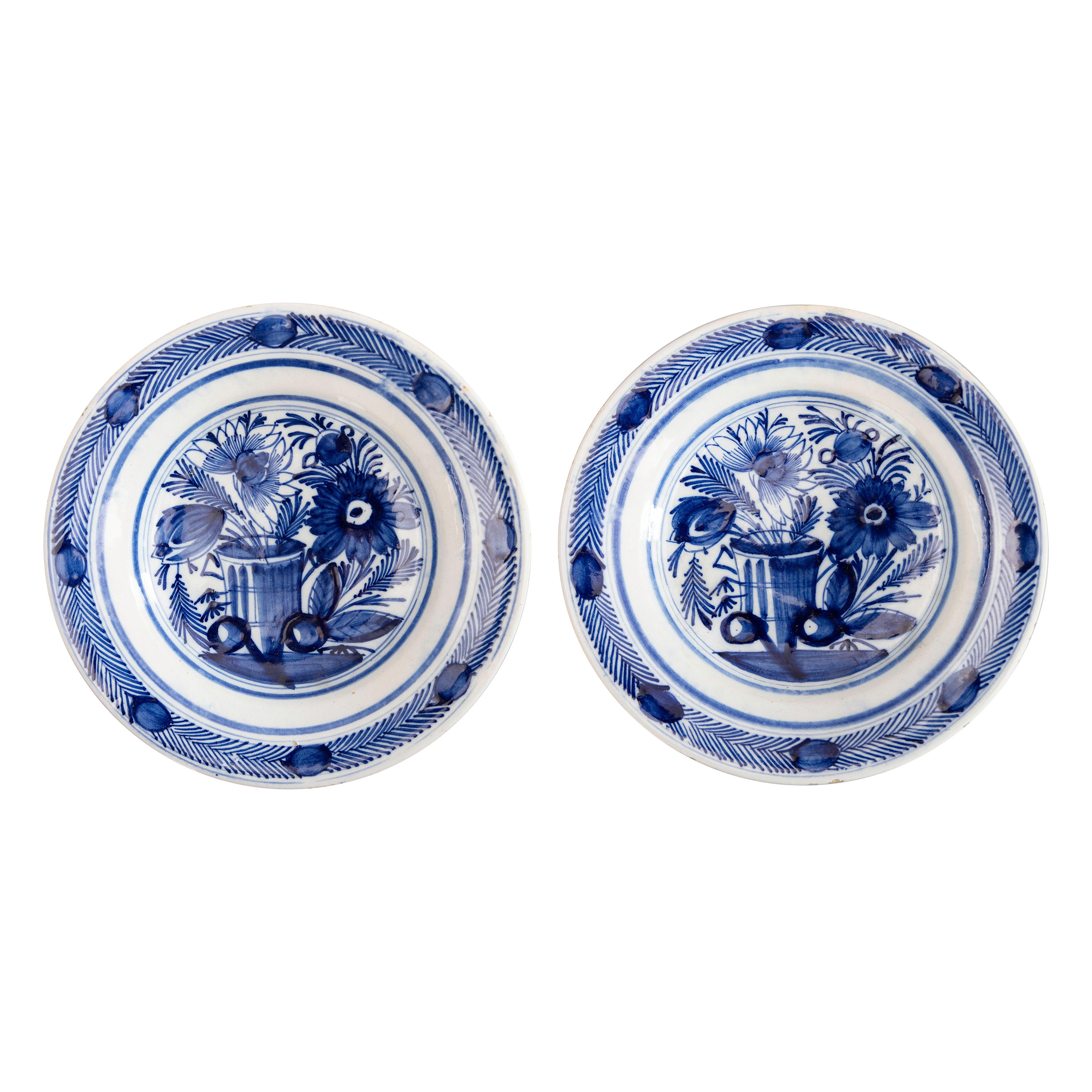 Pair of 18th Century Dutch Delft Faience Floral Plates For Sale