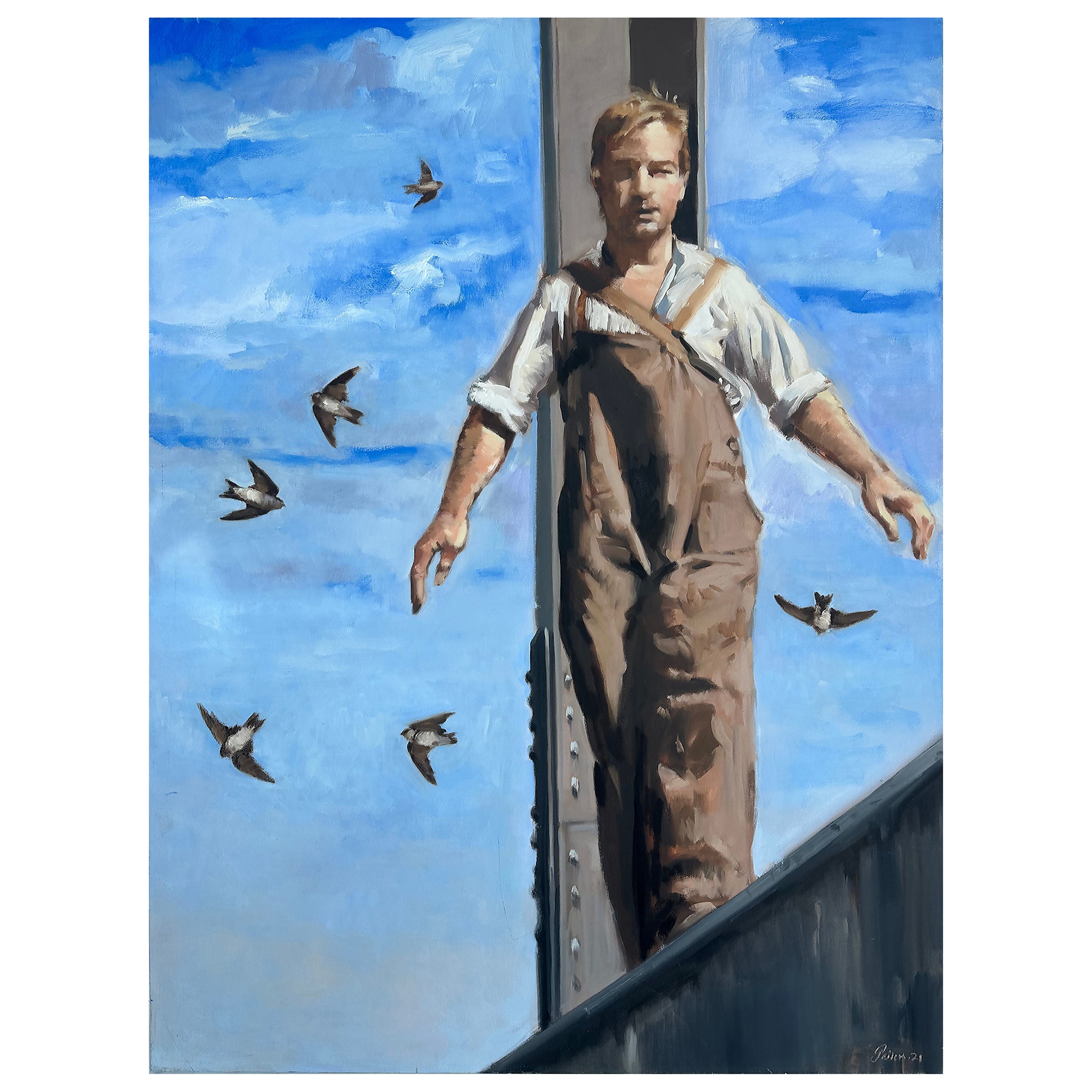 Pintura sobre lienzo del artista cubano-americano Geiler González "Hombre en la viga de Nueva York"