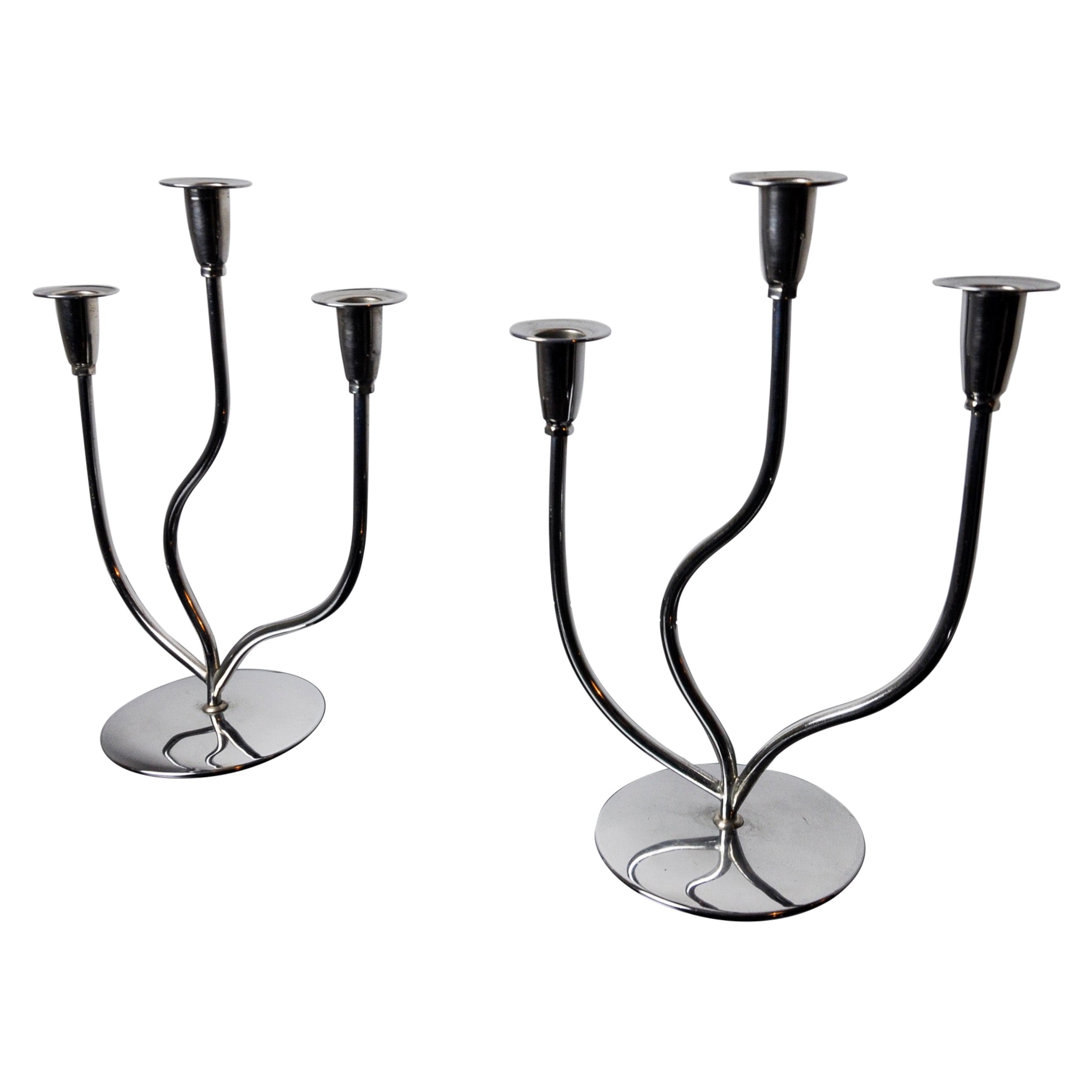 Pair of art deco stainless steel 3-flame candlesticks, Spain, 1970 For Sale