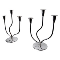 Pair of art deco stainless steel 3-flame candlesticks, Spain, 1970