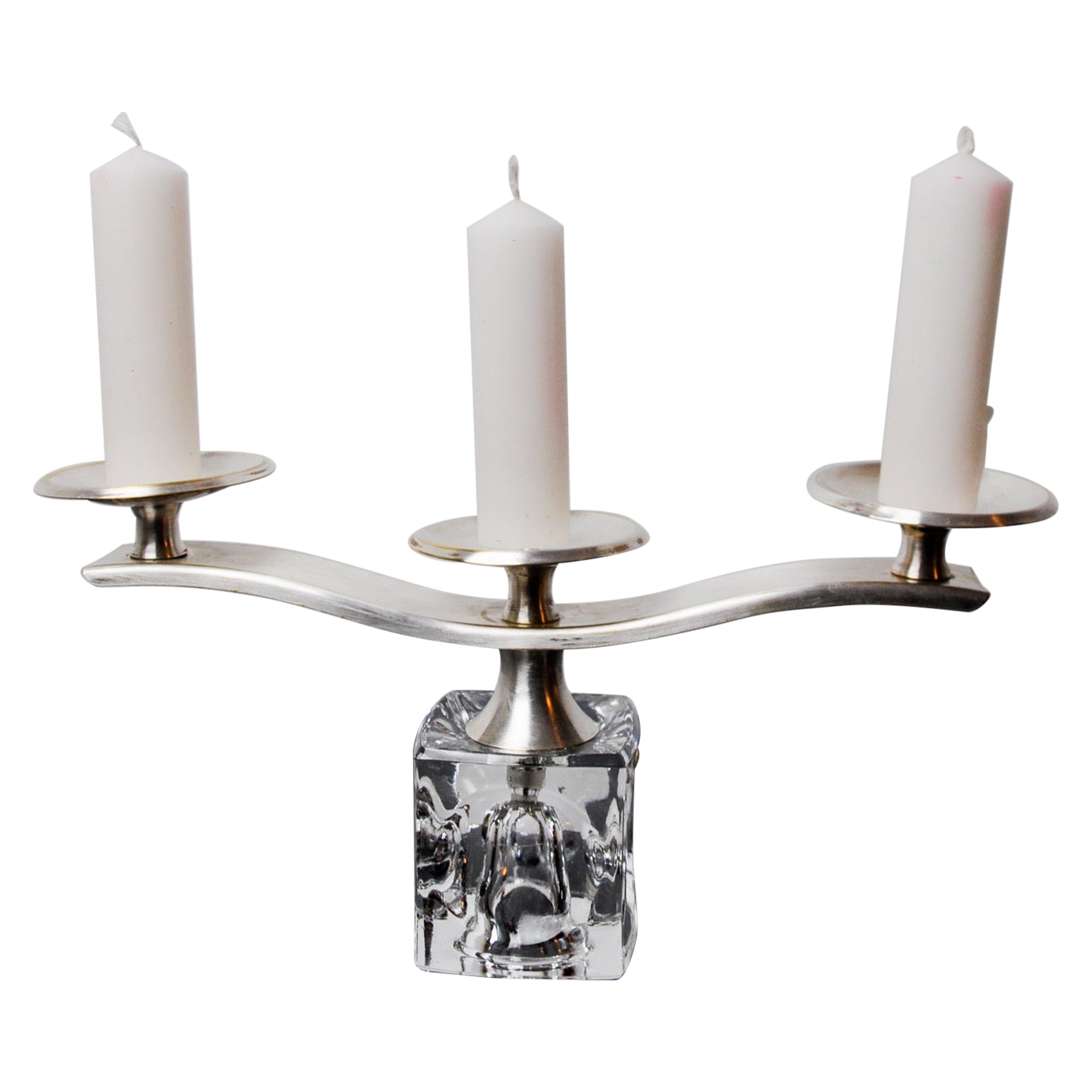 Ice cube candle holder by Peill&Putzler, 3 flames, glass and silver-plated metal For Sale