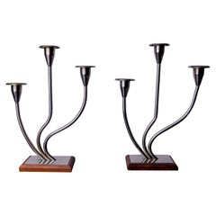 Vintage Pair of art deco candlesticks in stainless steel and rosewood 3 flames, Spain