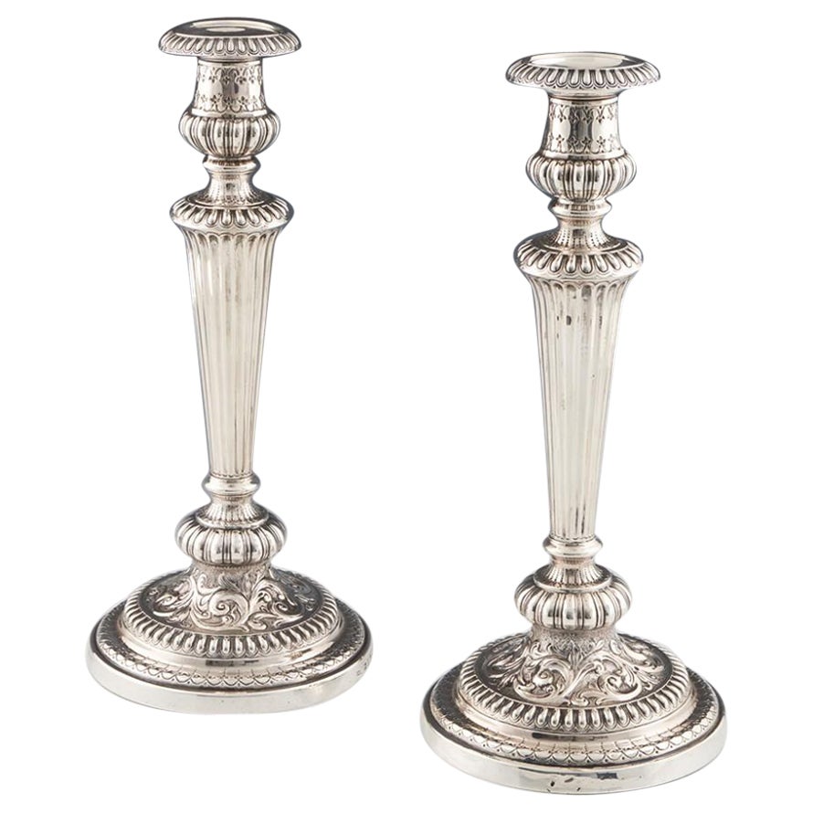 Pair George IV Sterling Silver Candlesticks Sheffield 1826 For Sale