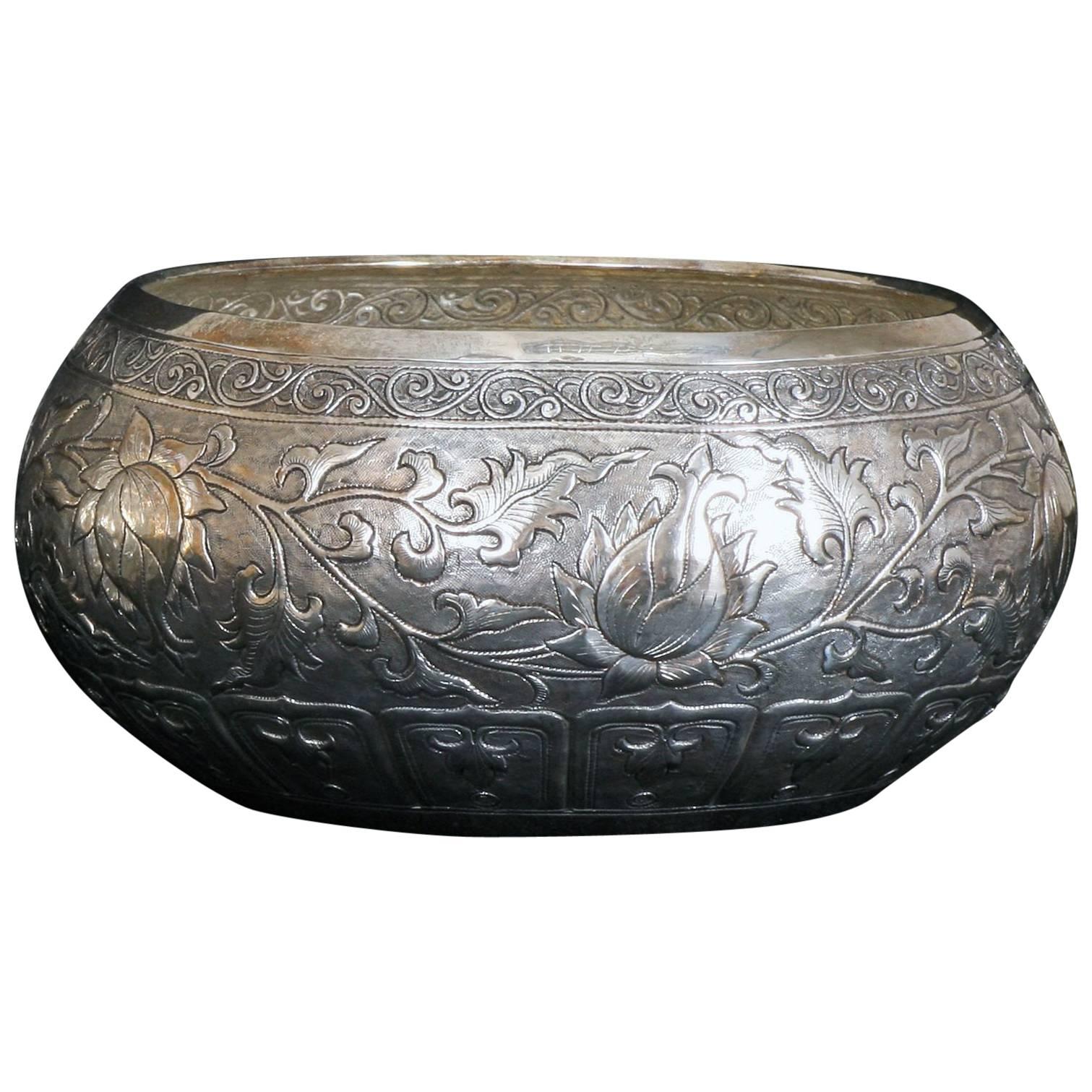 Contemporary Hand-Worked Solid Silver Bowl, Chinese Floral Motif, Centerpiece