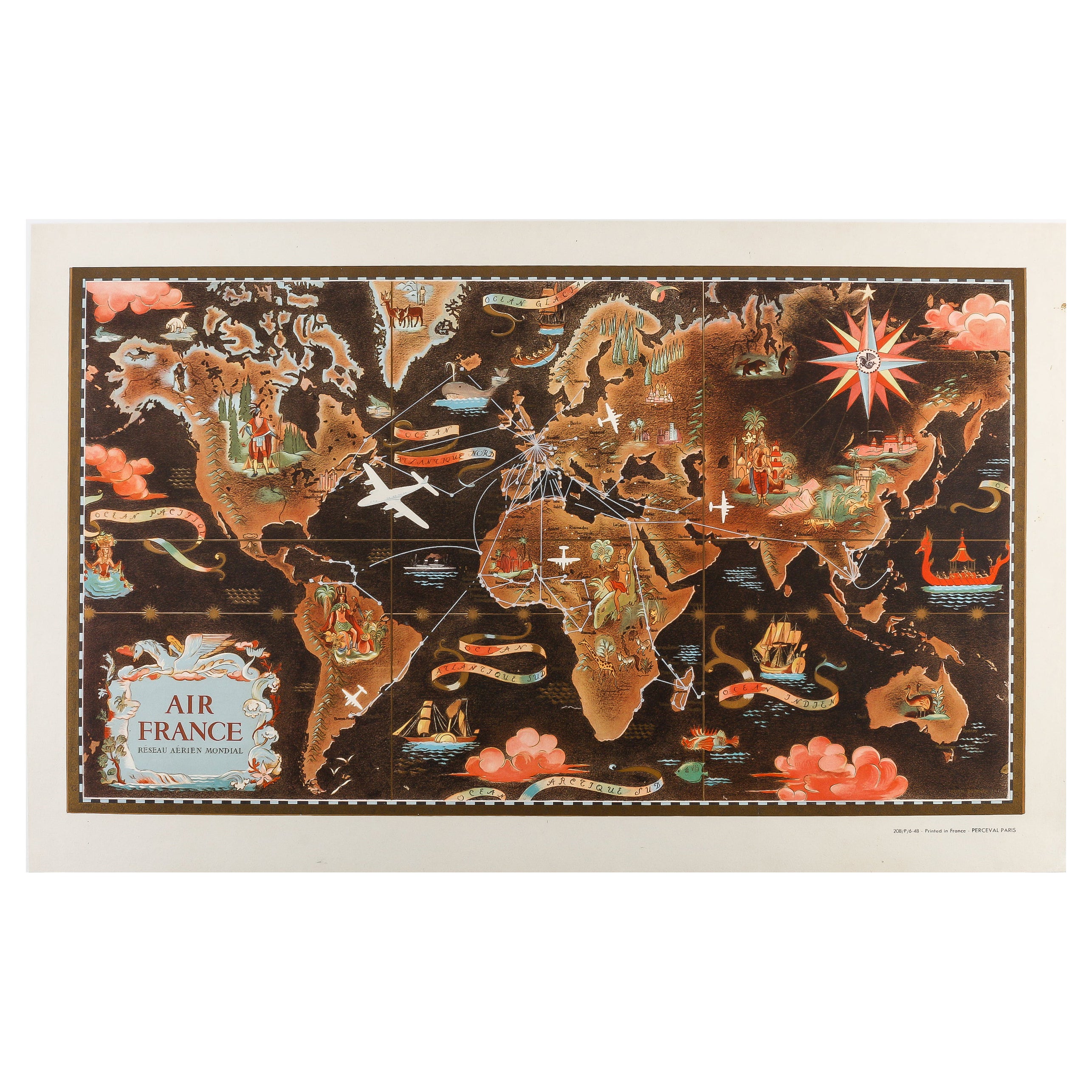Original Vintage Poster, Lucien Boucher, Air France, World Map Planisphere, 1948 For Sale