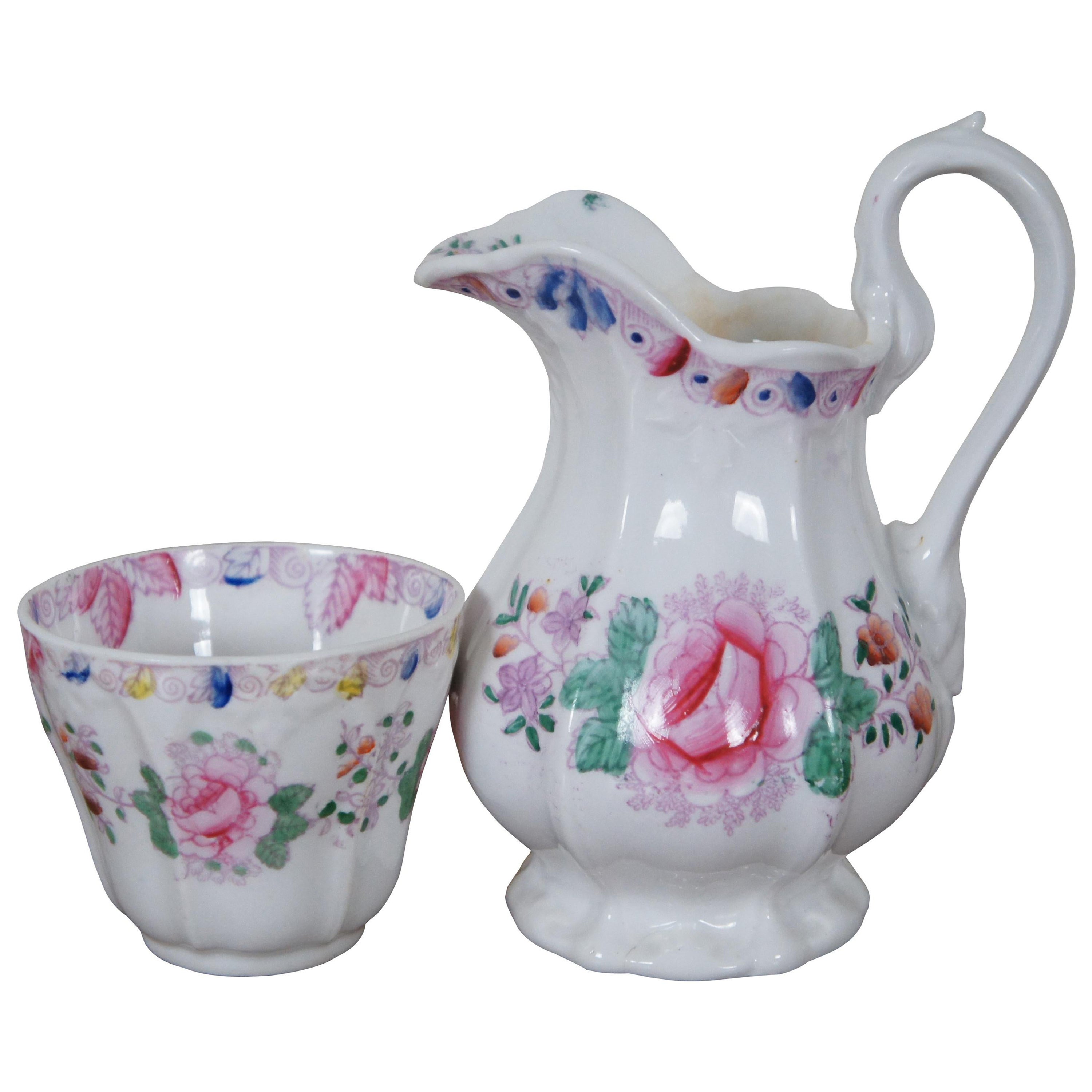 Antique Porcelain Floral Bird Tea Coffee Creamer Pitcher & Cup For Sale