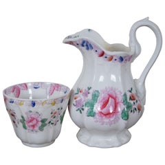 Antique Porcelain Floral Bird Tea Coffee Creamer Pitcher & Cup