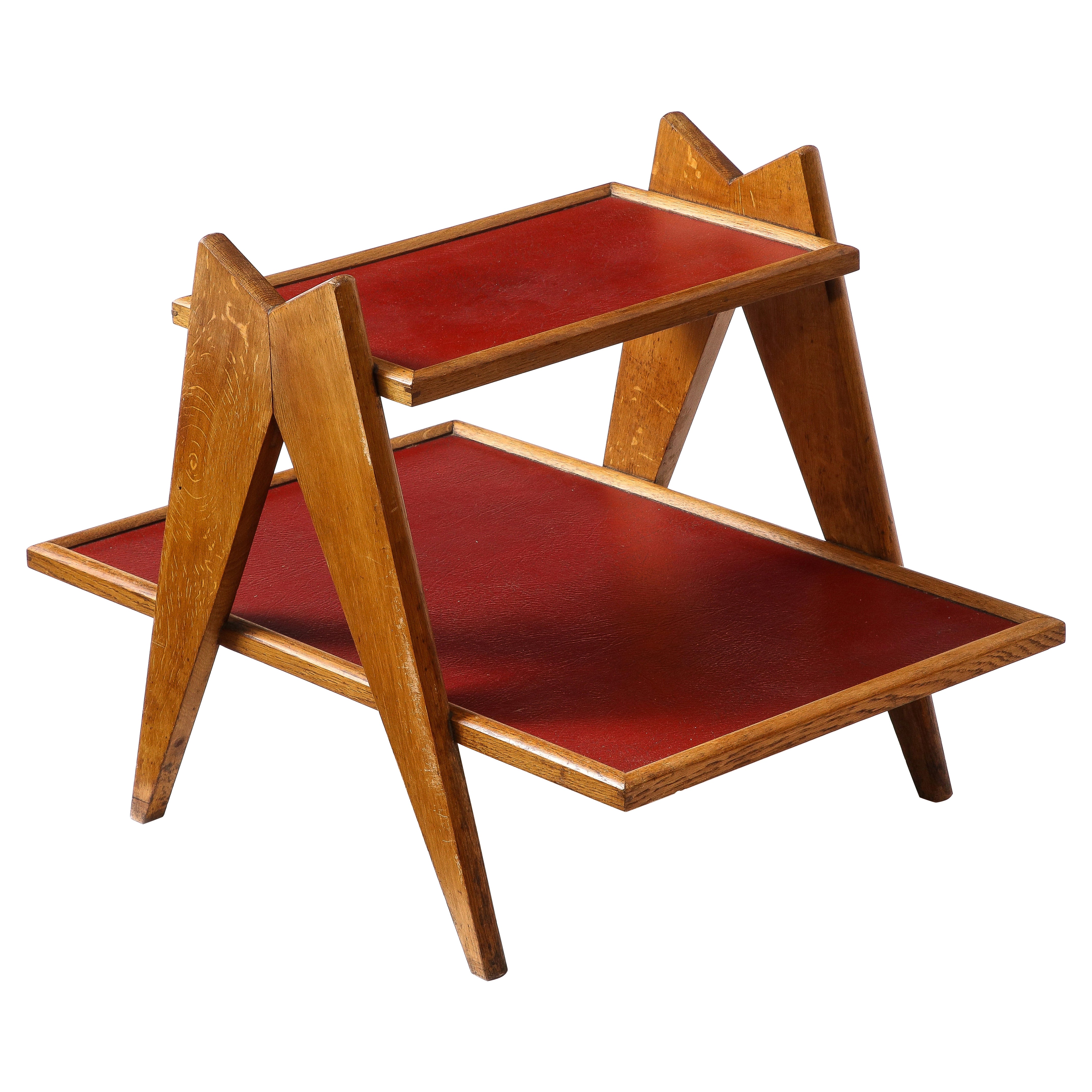 French Reconstruction Era Solid Oak & Red Moleskine Tray Table - France 1950's For Sale