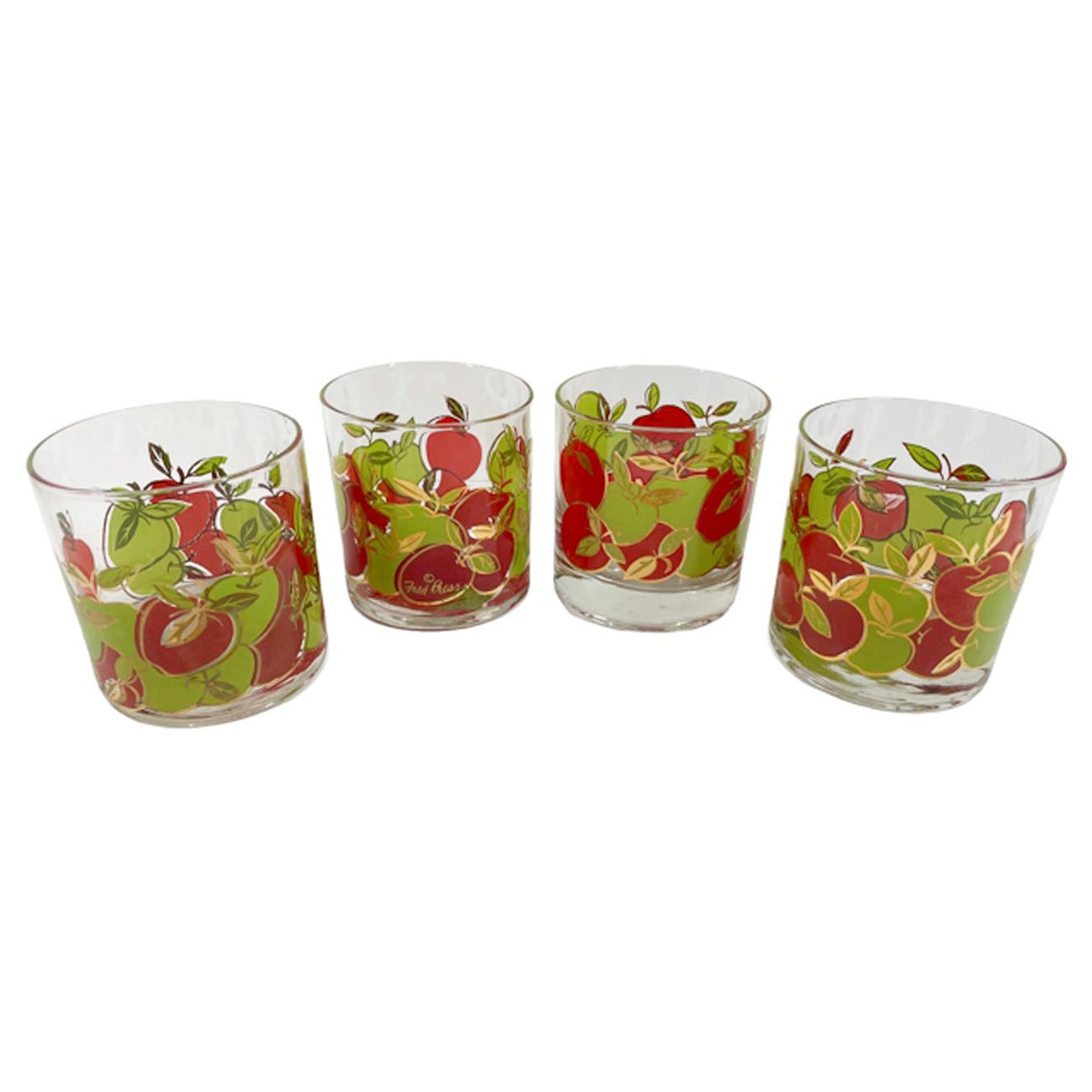 Four Vintage Fred Press Glasses with Red and Green Apples with 22k Gold Accents  For Sale