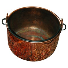 Antique French Mid 19th Century Large Copper Cauldron with Swing Handle Good Log Bucket