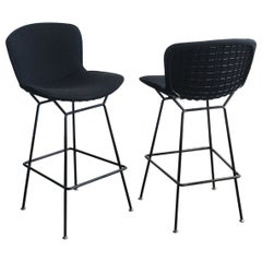 New Knoll Bertoia bar stools in black frame with upholstered black boucle, pair 