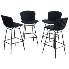 Set 4 Knoll Bertoia bar stools in black frame upholstered black boucle, New 