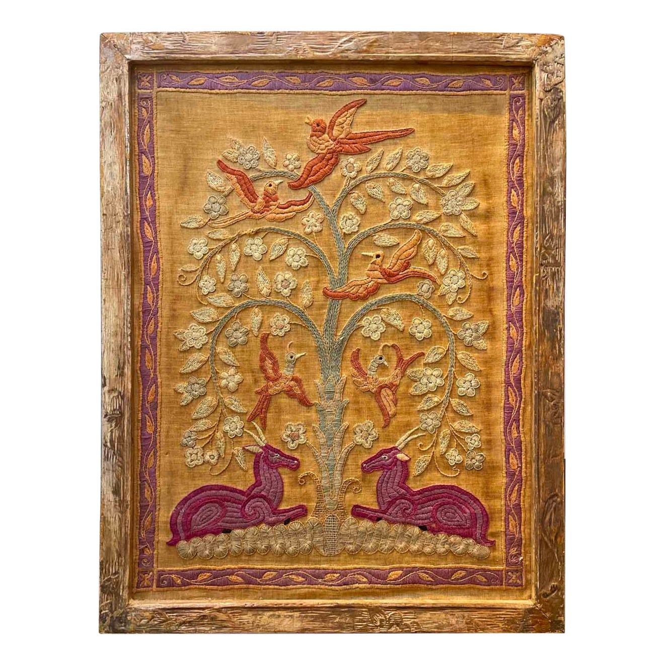 "Deer with Tree of Life", Art Deco-Modernist Embroidery in Deep Red and Green For Sale