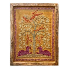 "Deer with Tree of Life", Art Deco-Modernist Embroidery in Deep Red and Green