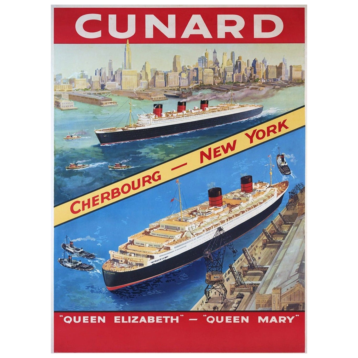 1946 Cunard - Queen Elizabeth - Queen Mary Original Vintage Poster