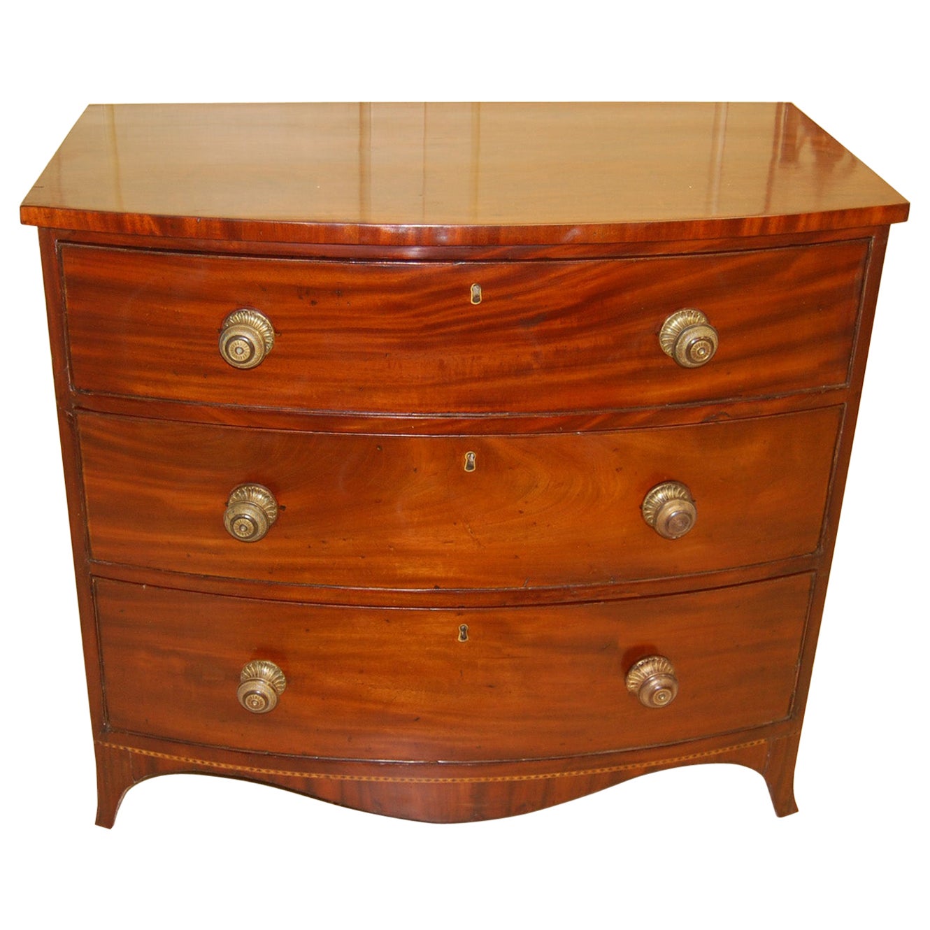 English Georgian Mahogany Bow Front Chest of Three Drawers, Diamond Stringing For Sale