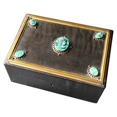 Antique Mid 19th C Grand Tour Brass Malachite Cameo & Ebonised Trinket Jewellery Box