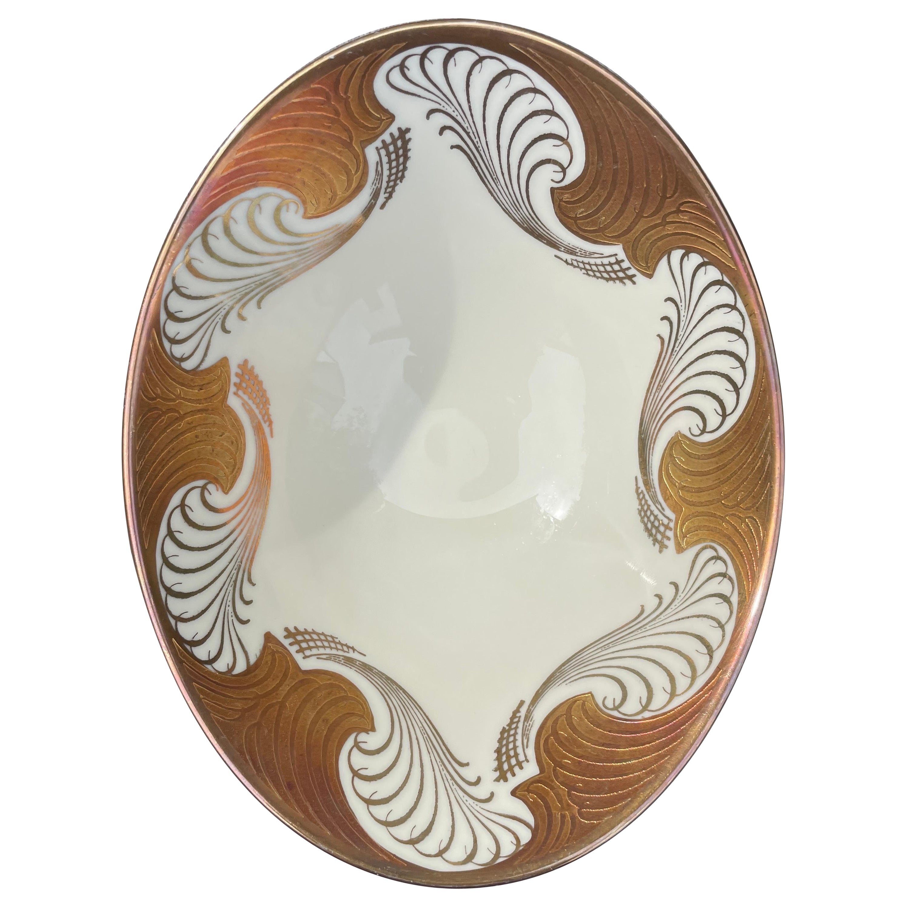 Alka Kunst Bavaria Oval Ivory White Golden Decorative Porcelain Bowl, 1960s