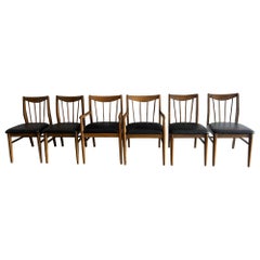 6 mid century spindle back American modern walnut dining chairs black vinyl