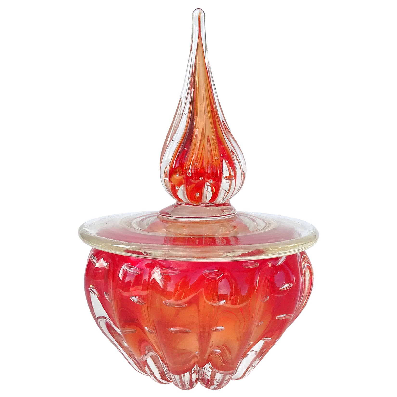 Murano Red Orange Controlled Bubbles Italian Art Glass Vanity Jar Powder Box For Sale