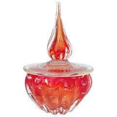 Murano Red Orange Controlled Bubbles Italian Art Glass Vanity Jar Powder Box