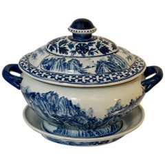 Antique Blue and White Porcelain Soup Tureen with Underplate