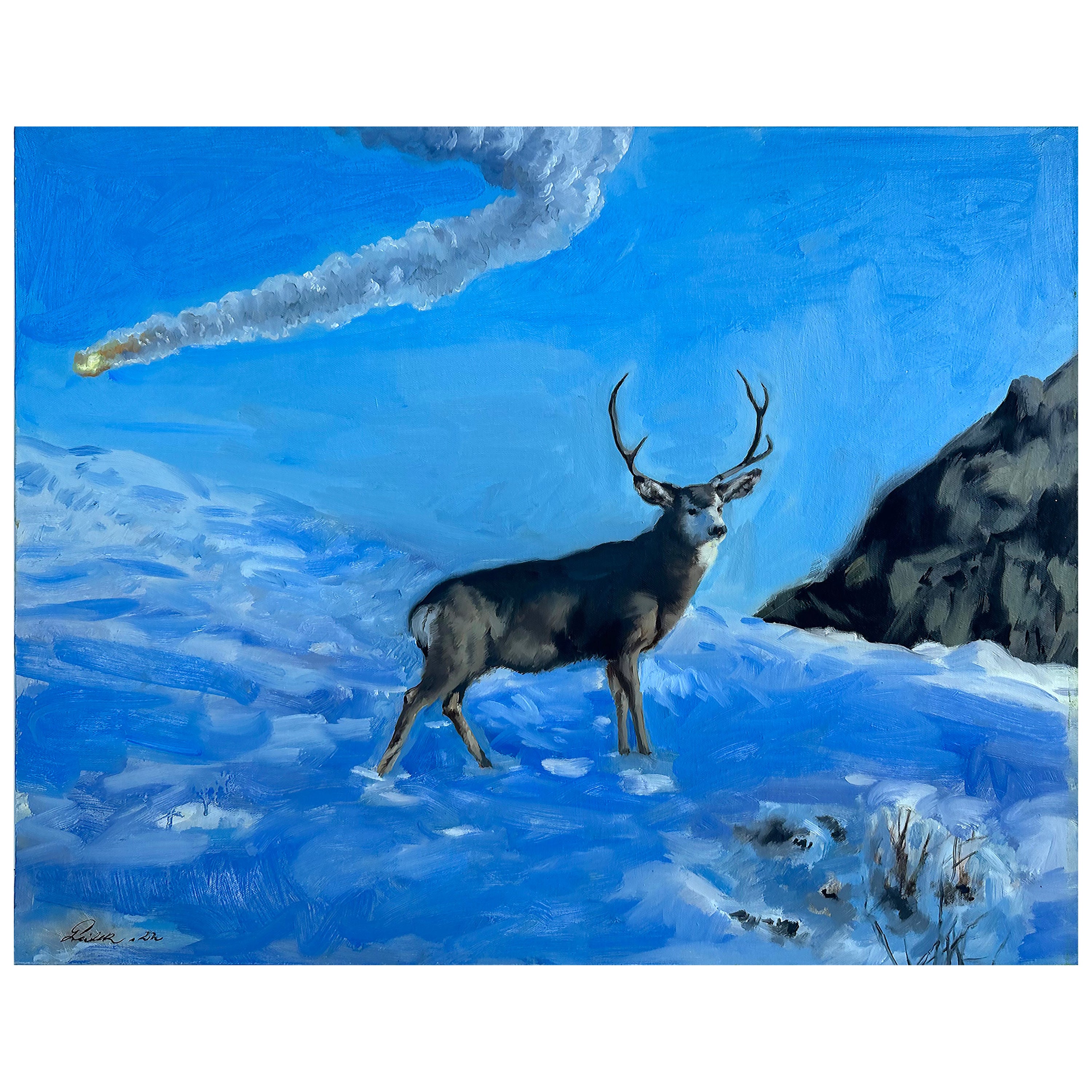 Cuban-American Artist Geiler Gonzalez "Deer" Oil Painting on Canvas, Signed  For Sale
