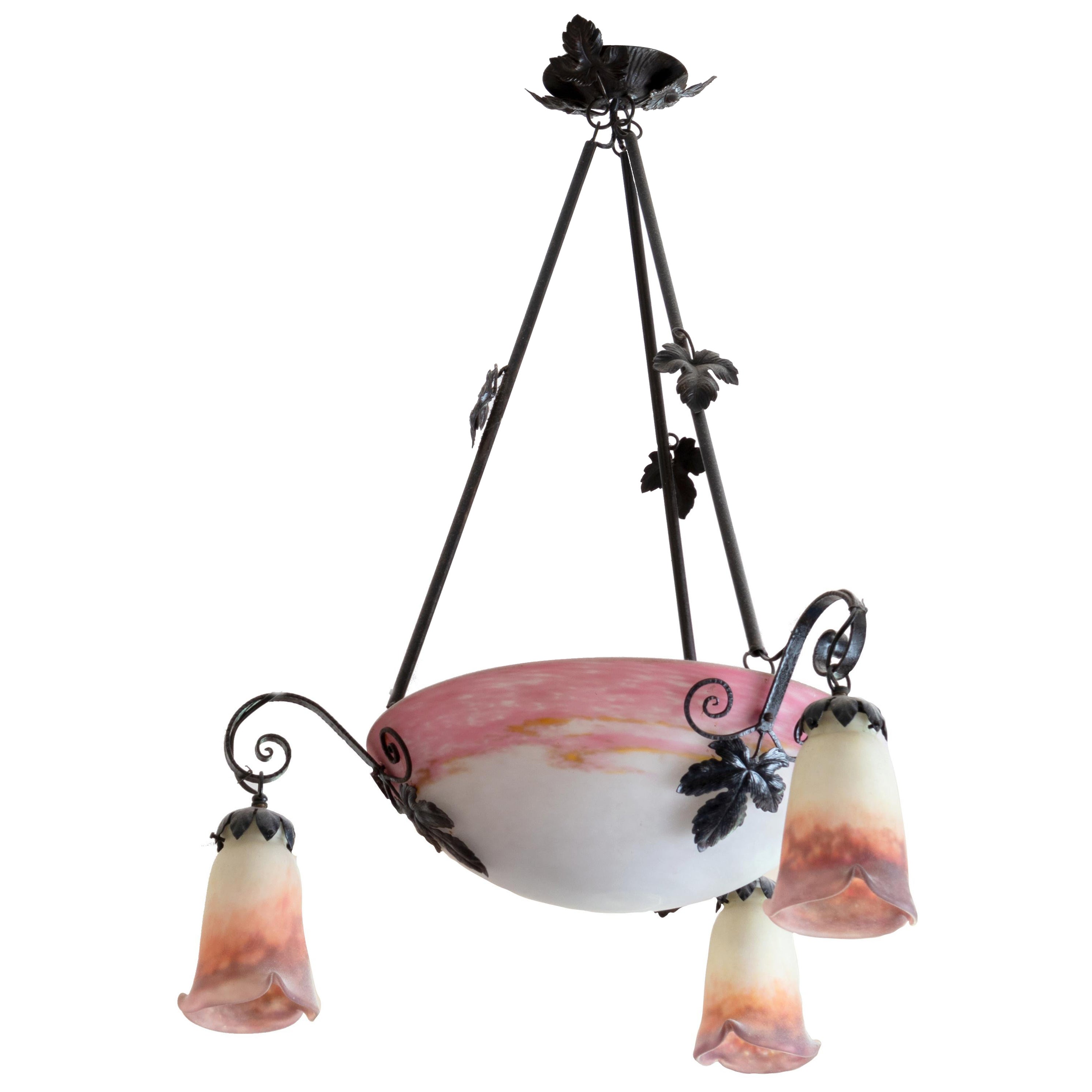 Art Deco Wrought Iron and Pink Glass Chandelier by Muller Freres