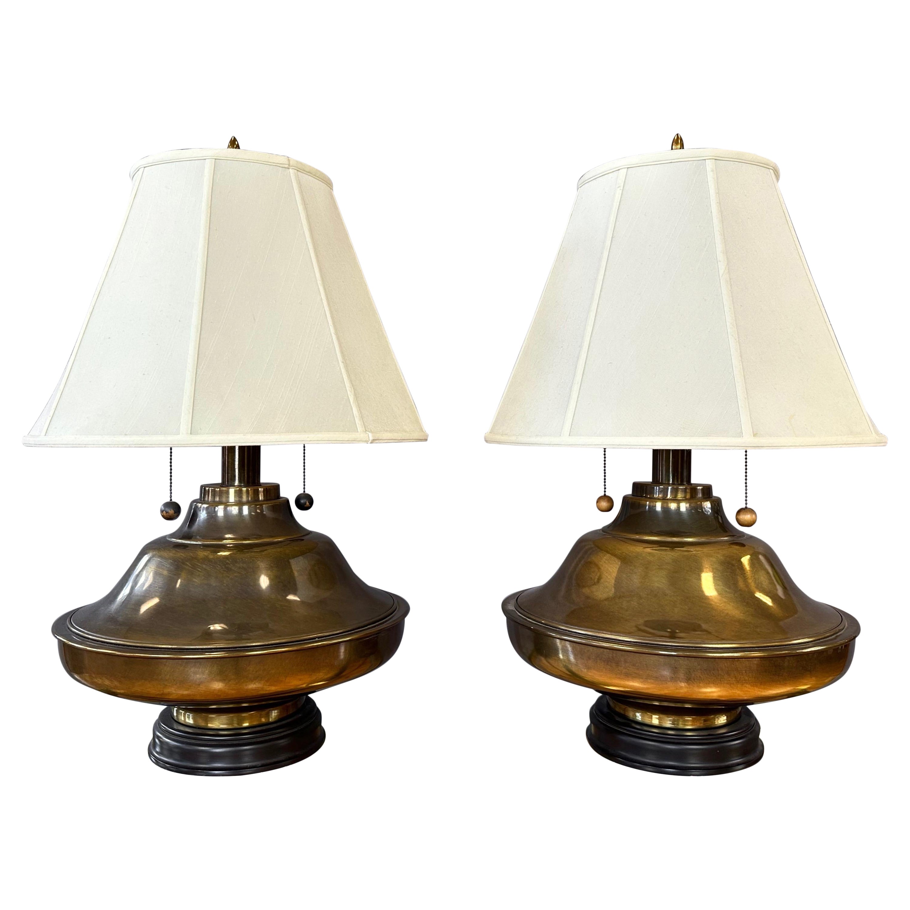Pair of Monumental Marbro-Style Antiqued Brass Table Lamps with Shades, 1960s