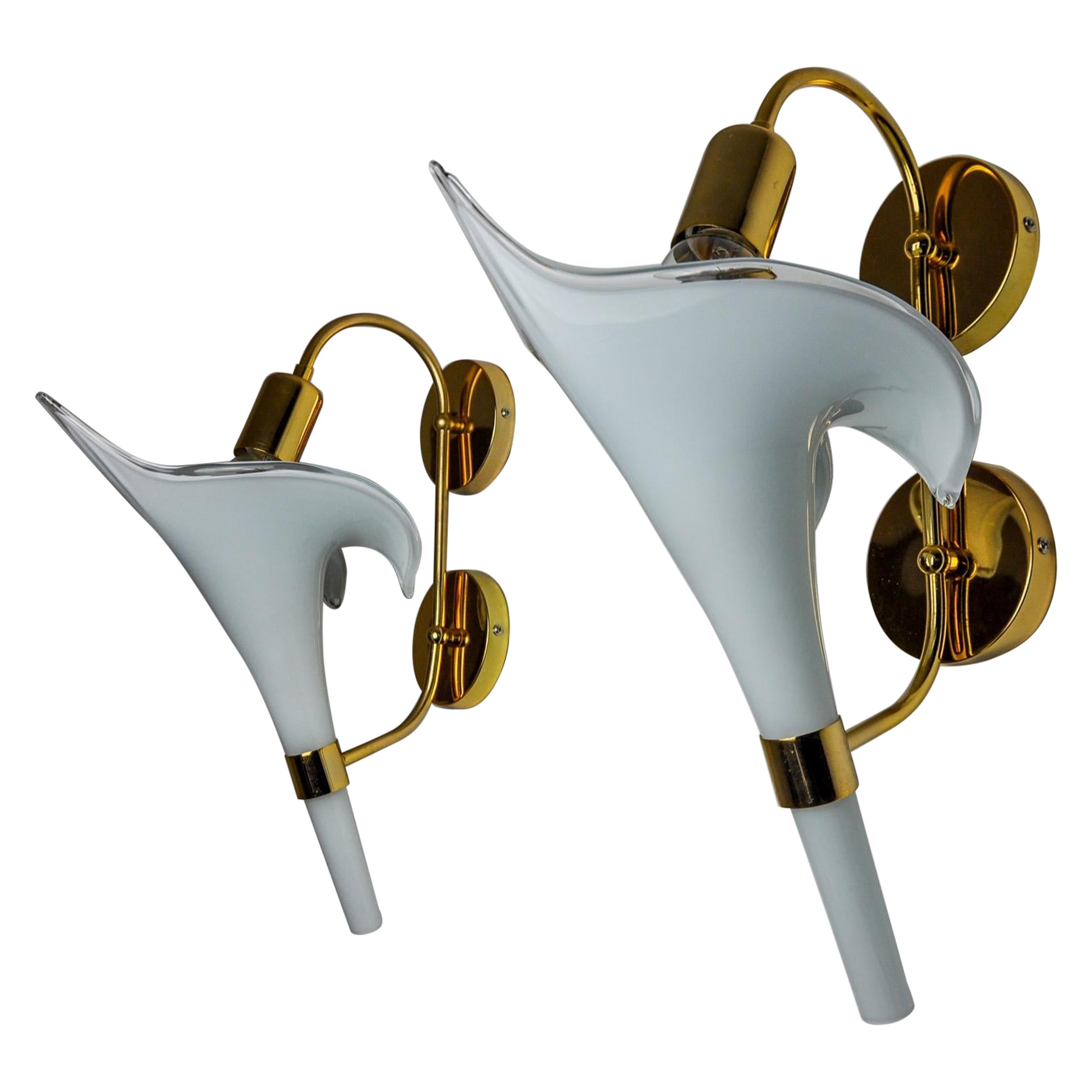 Pair of white calla lily sconces, murano glass, Italy, 1970