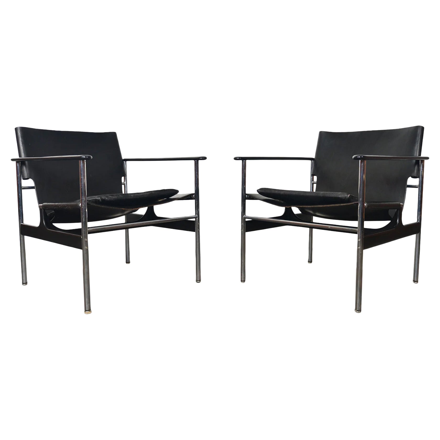 Pair of 1960s Charles Pollock "657" Lounge Chairs in Leather + Chrome