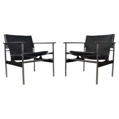 Vintage Pair of 1960s Charles Pollock "657" Lounge Chairs in Leather + Chrome