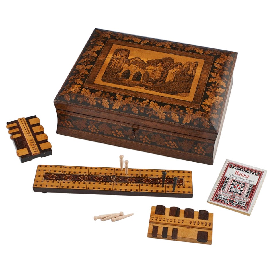 Caja de juegos de Tunbridge Ware que representa la Abadía de Bayham c1865