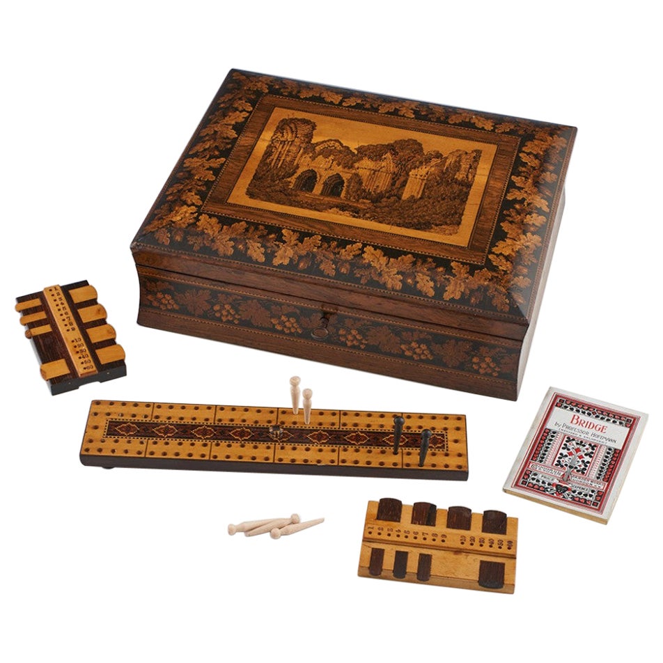 Tunbridge Ware Spielkasten mit der Darstellung der Bayham Abbey, um 1865