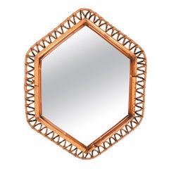 Midcentury Rattan & Bamboo Hexagonal Wall Mirror, Italy 1960s