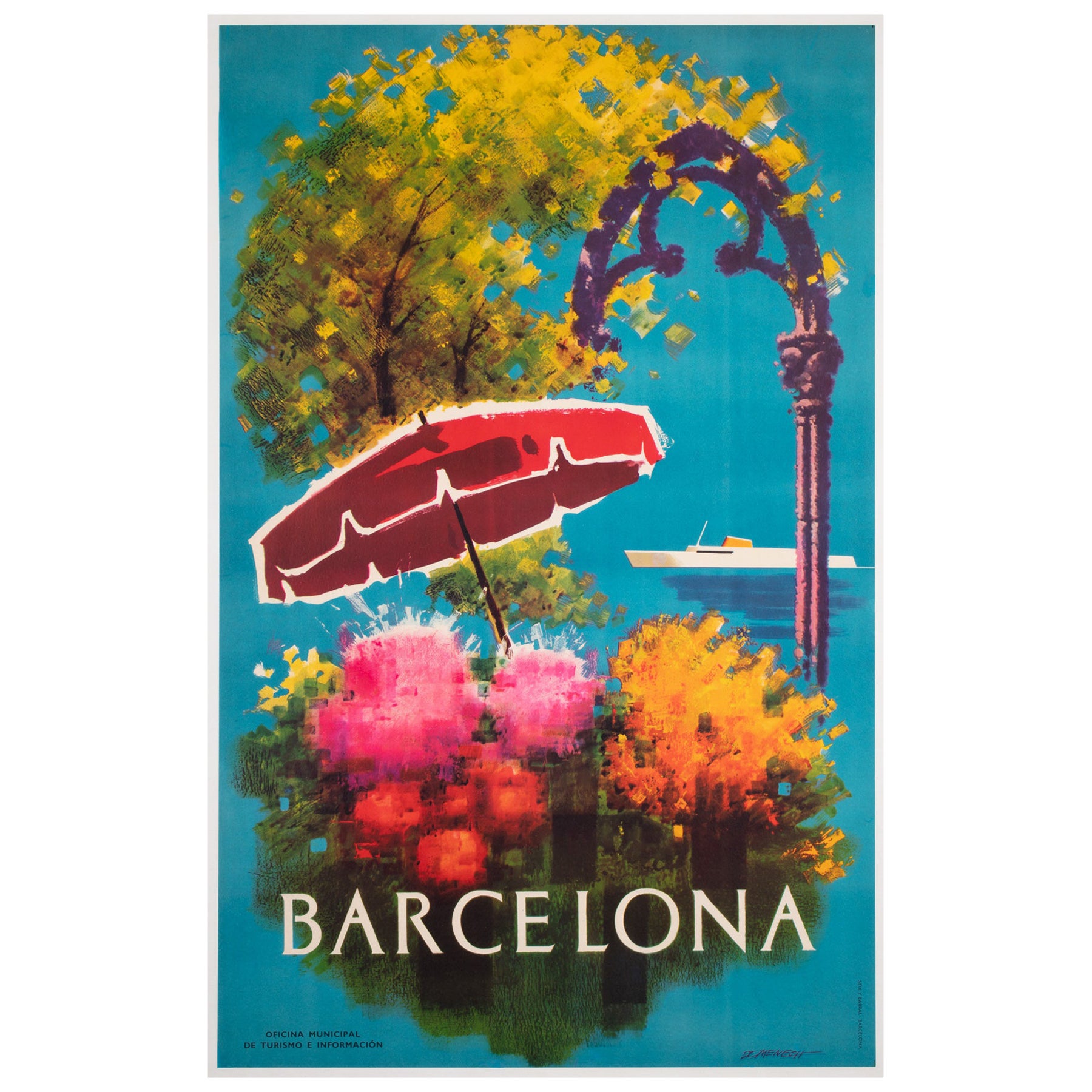 Spanisches Reise-Werbeplakat, Blumen, Schiff, Barcelona, 1950er Jahre im Angebot