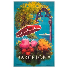 Vintage Barcelona 1950s Spanish Travel Advertising Poster, Flowers, Ship
