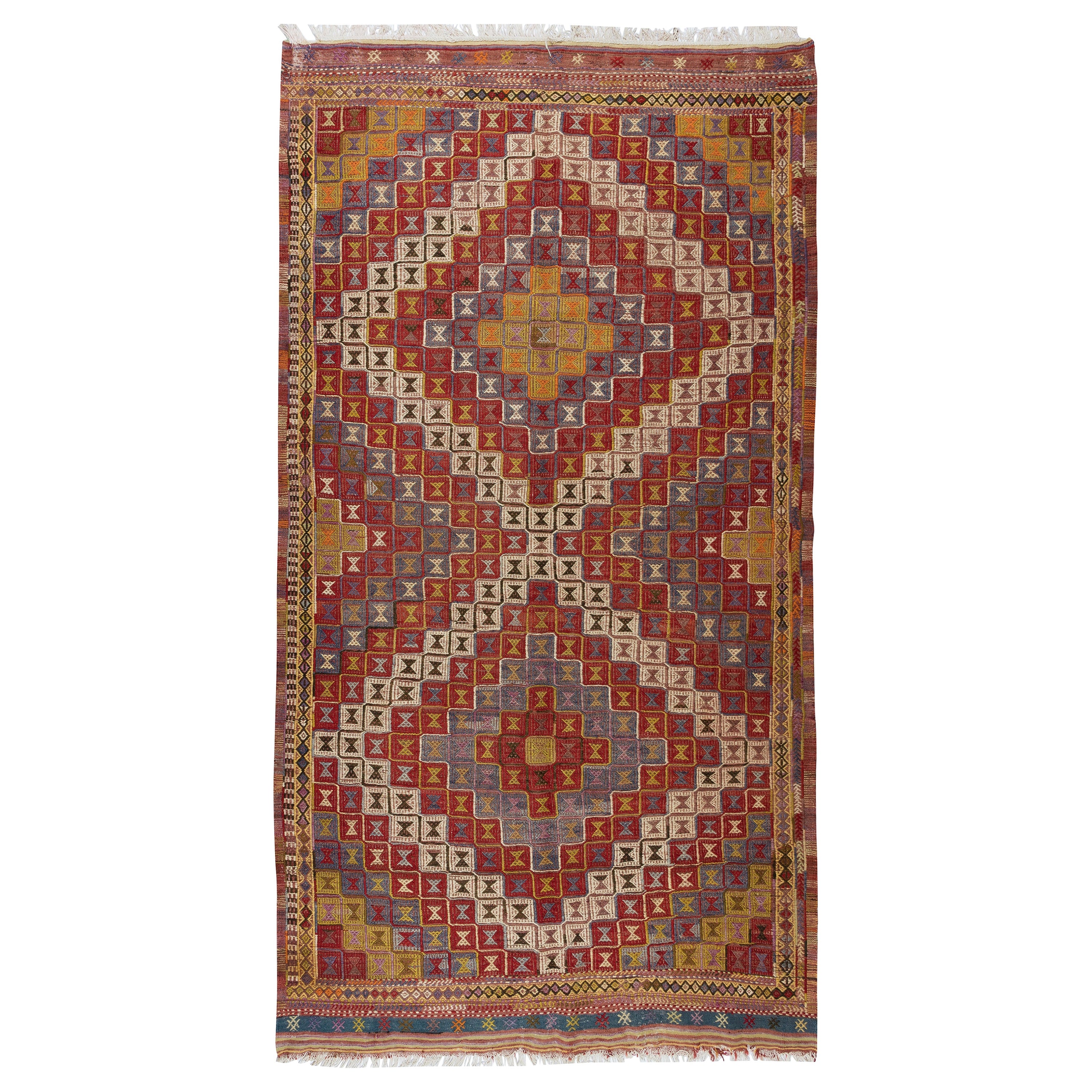 Tapis Jijim Kilim coloré unique en son genre en laine turque vintage faite à la main 5.3x9,8 Ft en vente