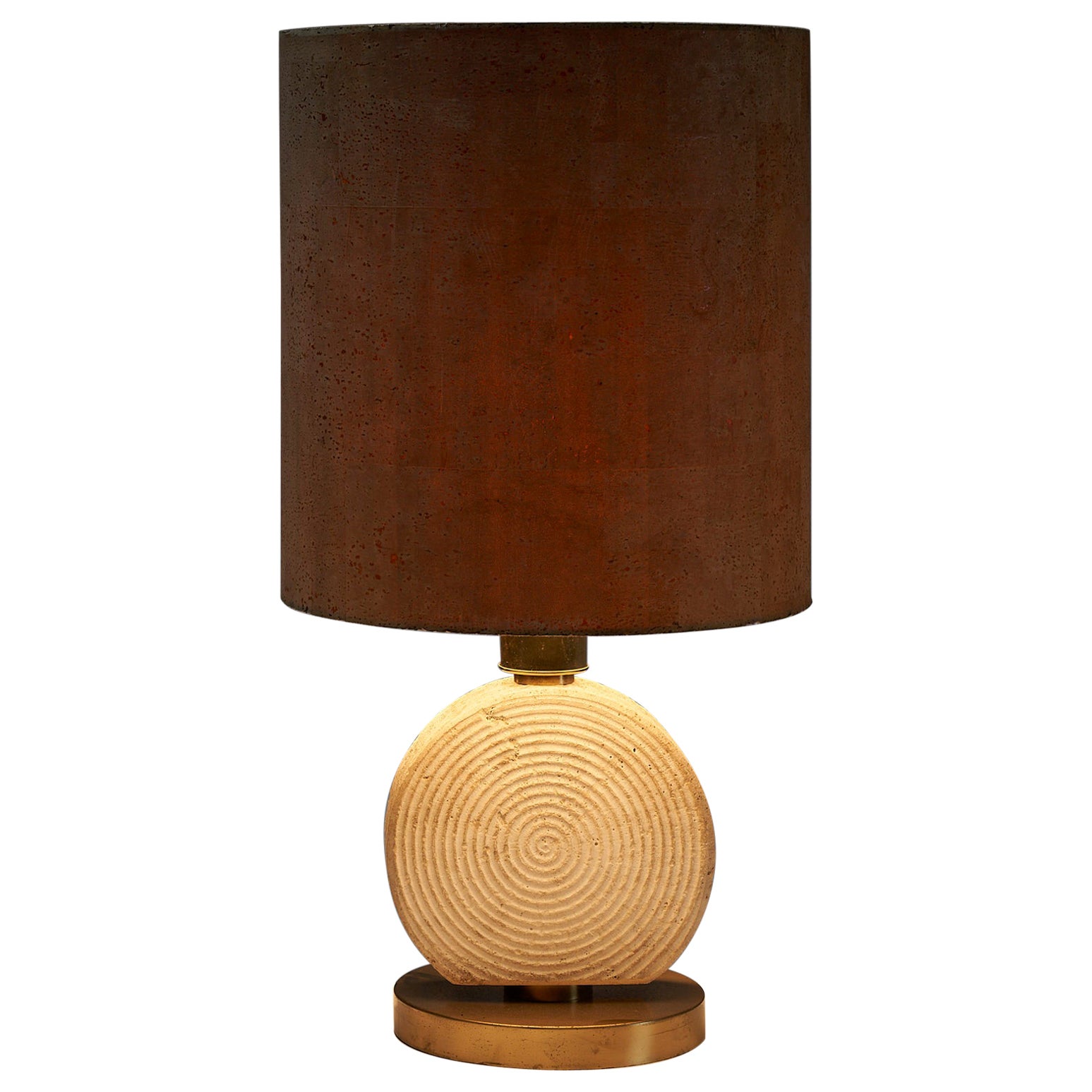Naturel table lamp travertine base cork shade in the style of Studio CE. For Sale