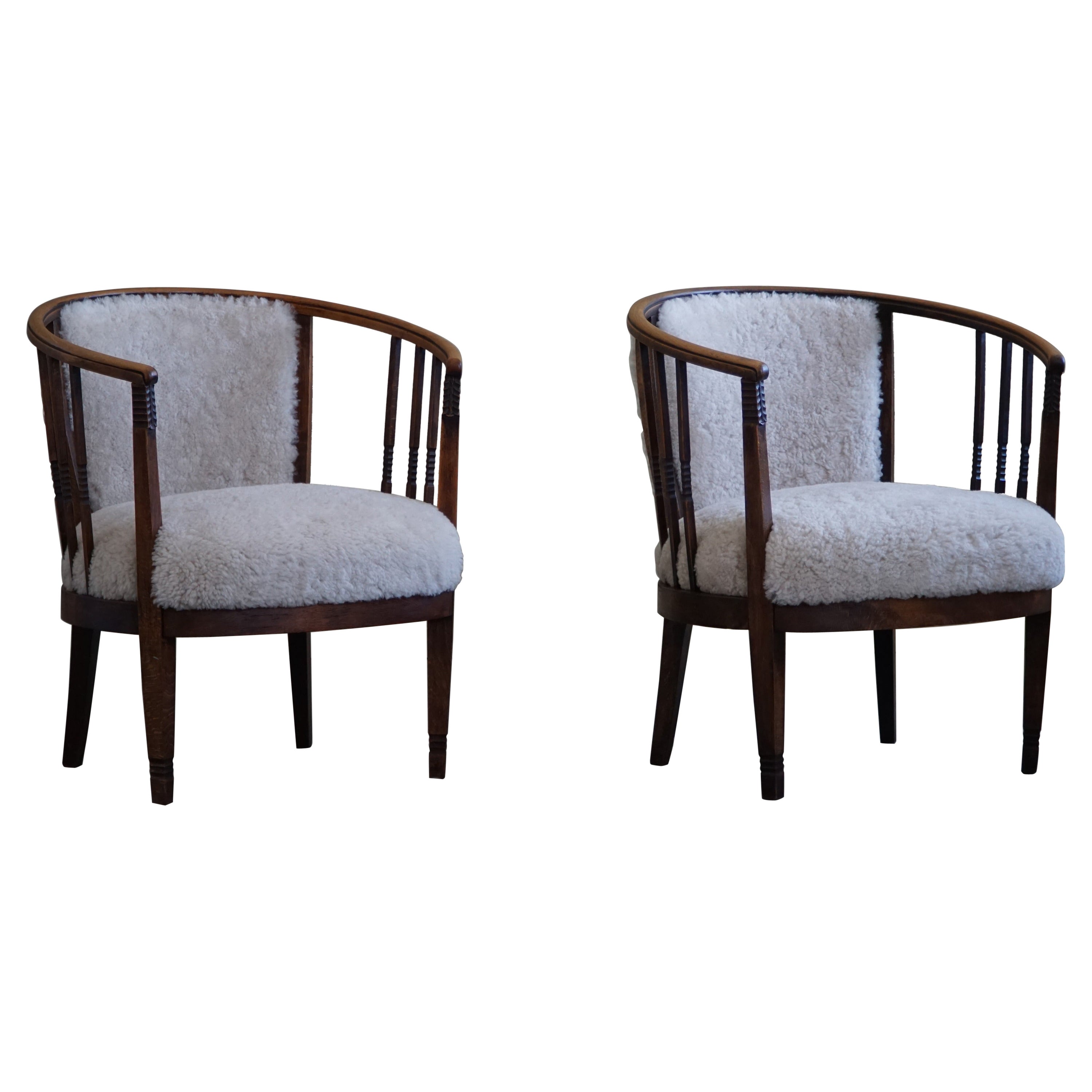 Pair of Danish Armchairs in Beech, Reupholstered Lambswool, Jugendstil, 1900s For Sale