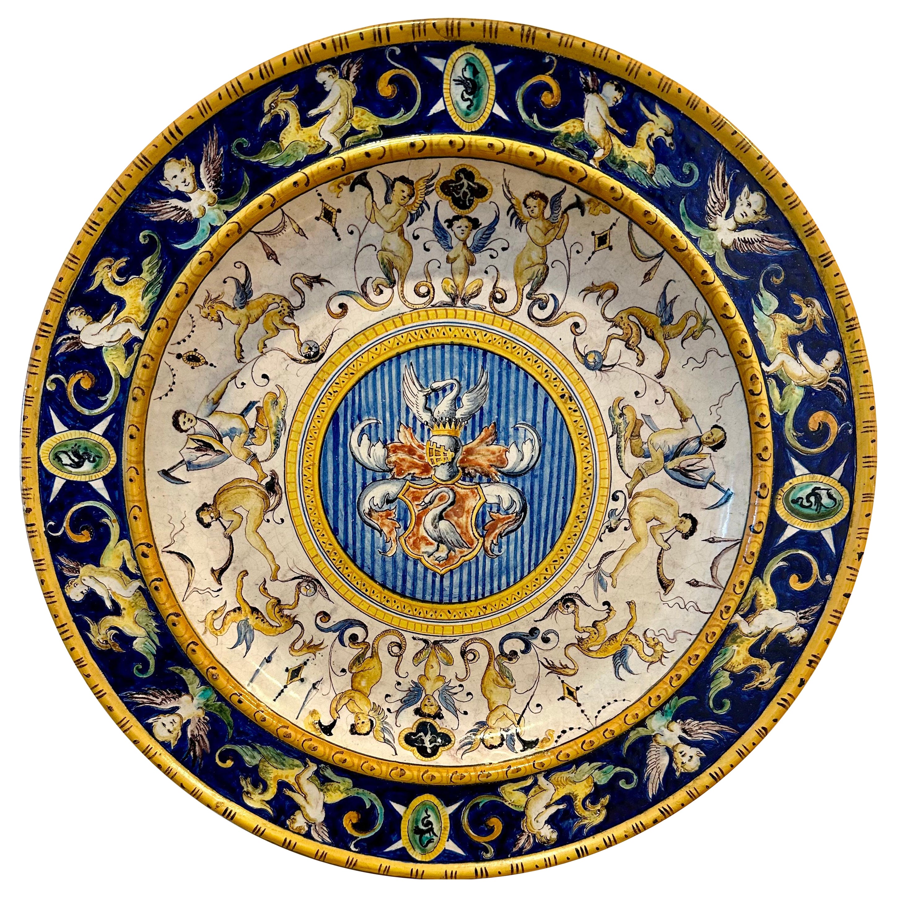 Italian Cantagalli Maiolica Large Plate with family noble emblem, Late 19th C.