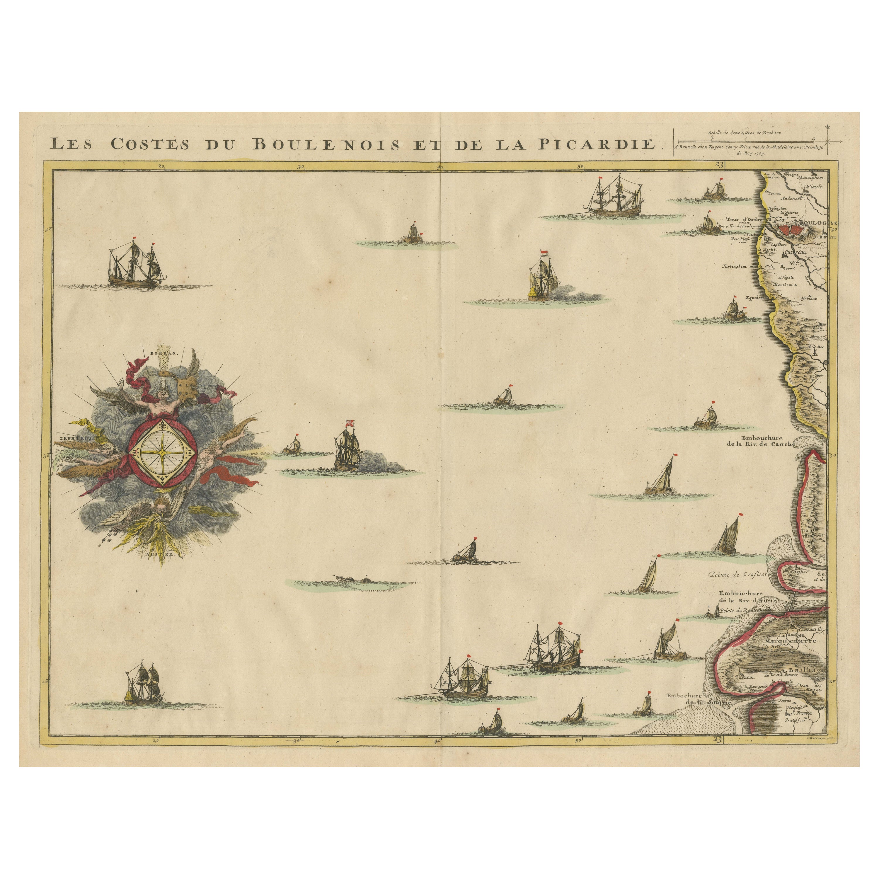 Antique Map of the French Coast at Boulogne and Picardy For Sale